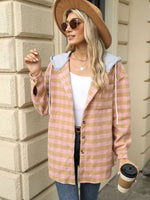 Plaid Button Up Long Sleeve Drawstring Hooded Jacket
