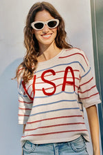 SO ME Usa Stripe Knit Short Sleeves Sweater Top