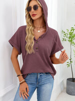 Casual Waffle Knit Button Detail Hooded Top