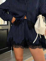 Lace Trim Striped Button-Down Shirt and Shorts Set