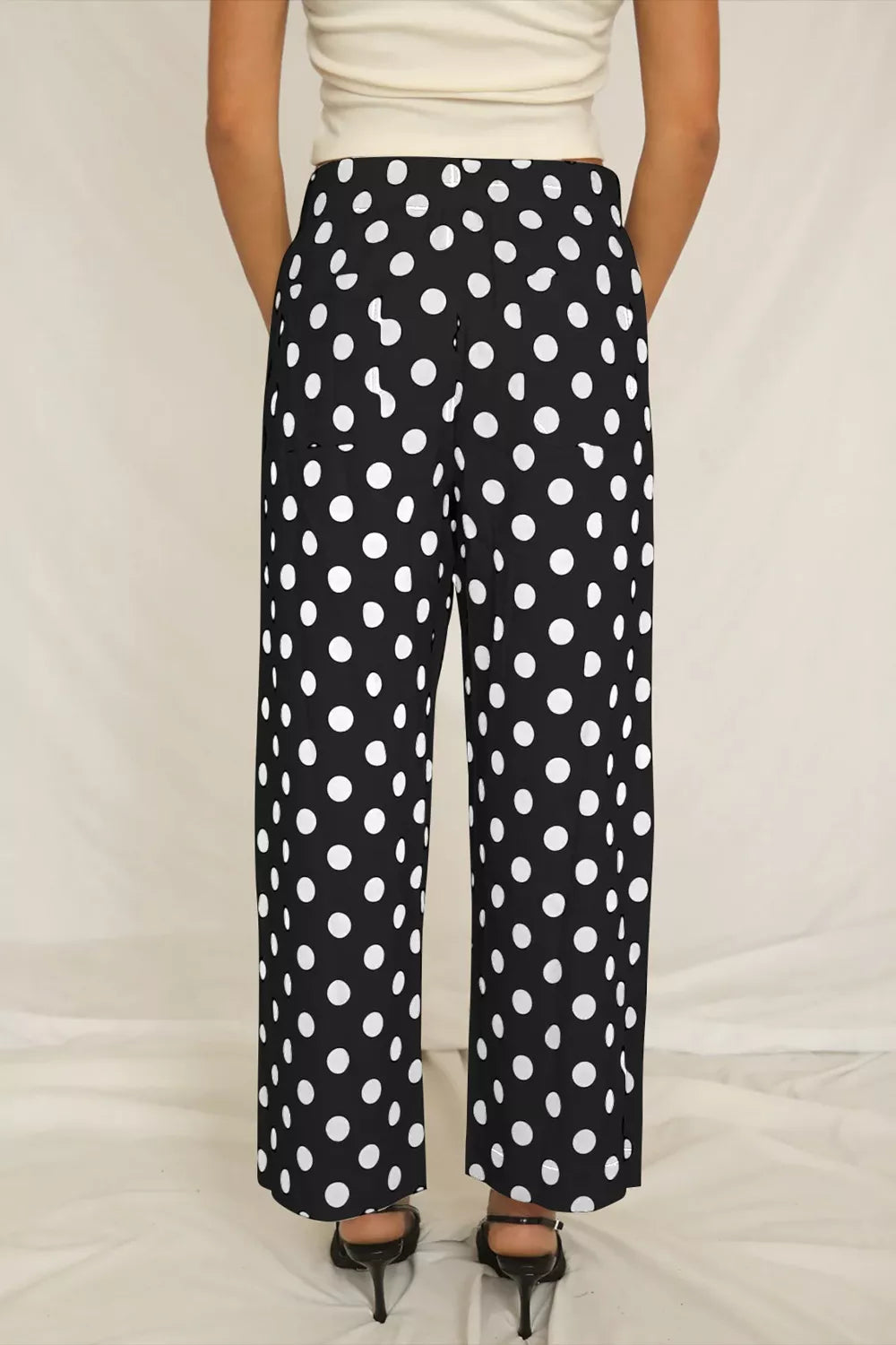 Polka Dot Print Patched Pocket Mid-rise Straight Leg Pants
