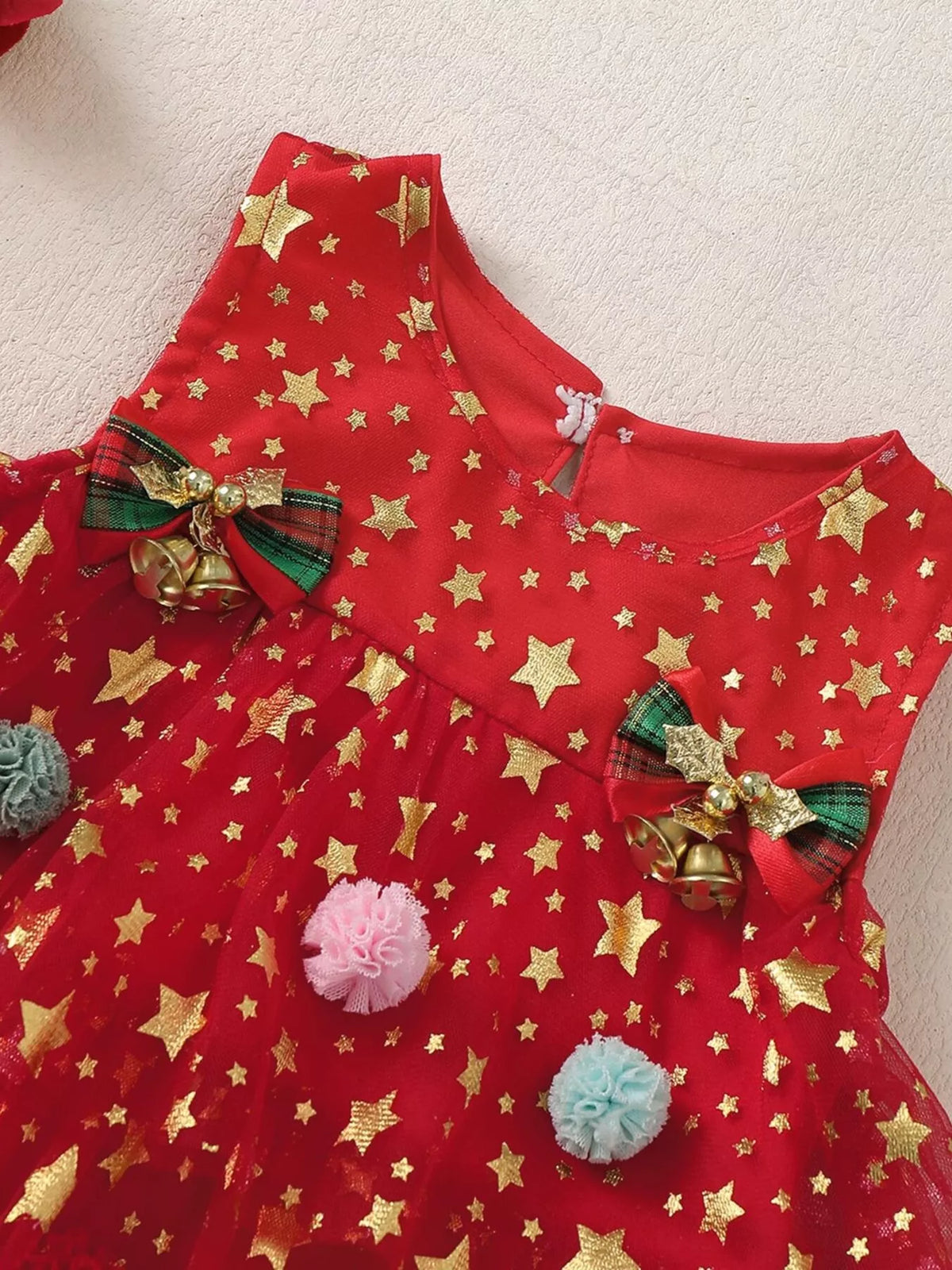 Children's Star Print Pom-Pom Embellishments Tulle Dress