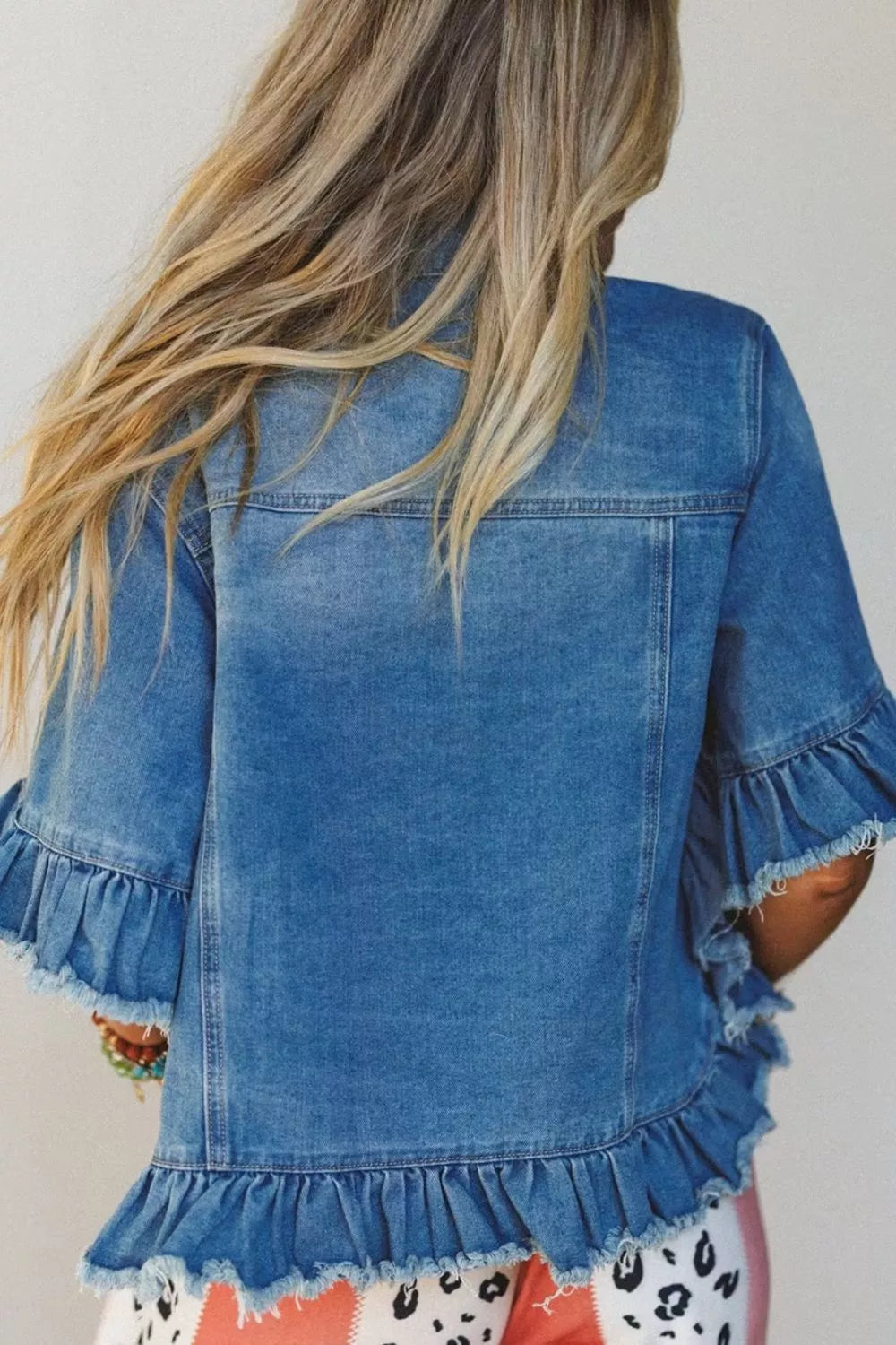 Ruffle Hem Raw Edge Half Sleeve Western Denim Jacket