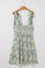 Smocked Printed Tie Shoulder Mini Cami Dress