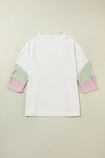 Color Block Ribbed Knit Three-Quarter Sleeve Top