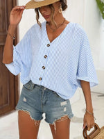 V-Neck Striped Batwing Sleeve Casual Blouse