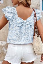 Bow Back Printed Ruffled Cap Sleeve Blouse