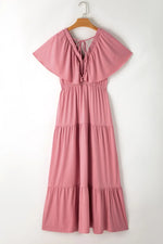 Ruffled V Neck Flutter Sleeve Maxi Dress