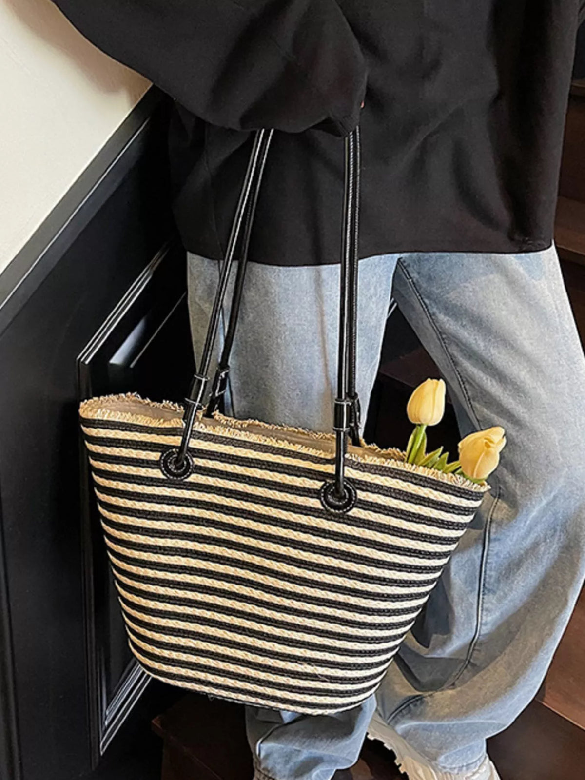 Striped Woven Straw Shoulder Bag