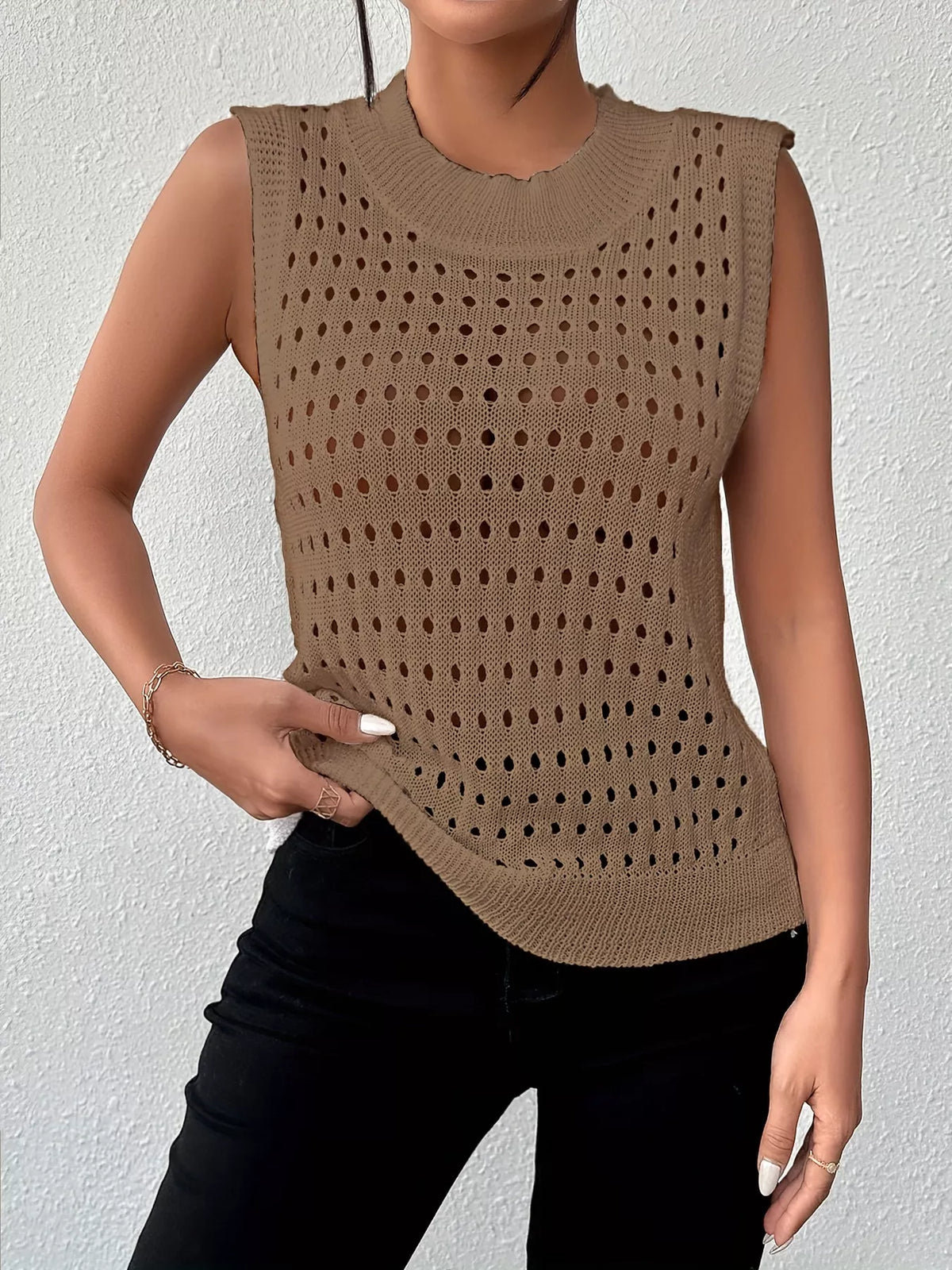 Hollow Out Round Neck Knit Tank