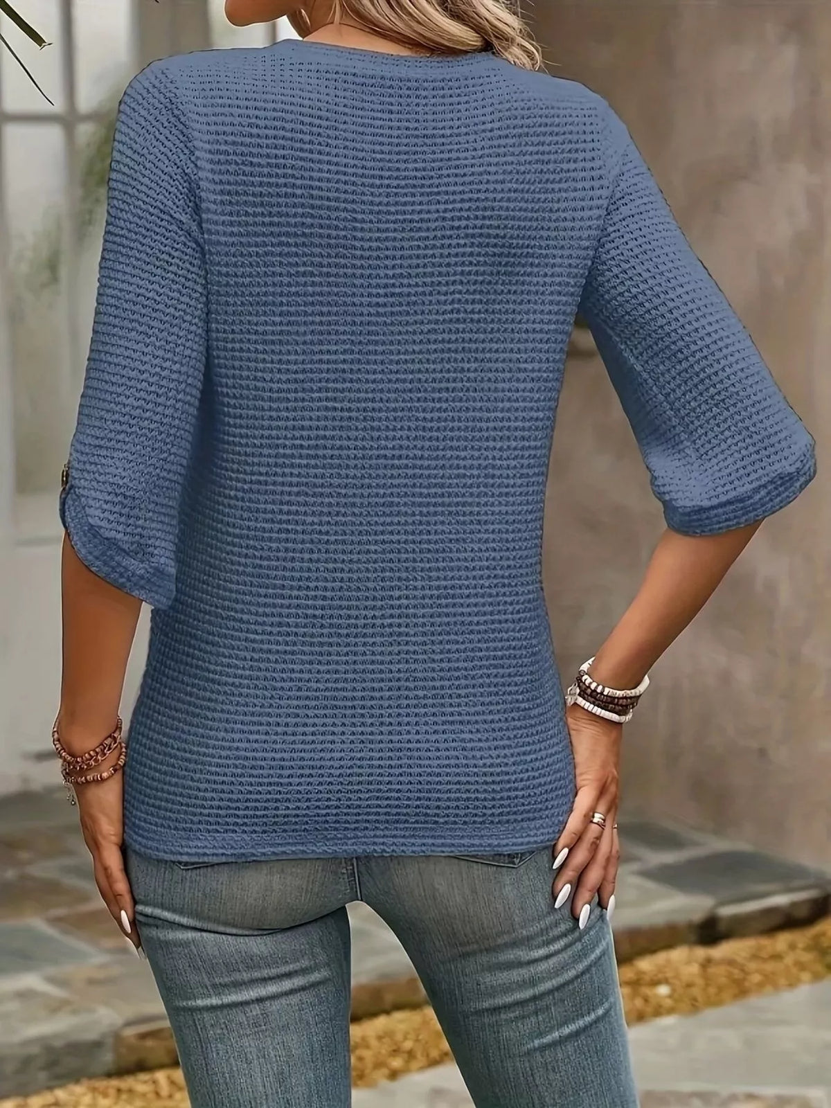 Textured Waffle Knit Three-Quarter Sleeve T-Shirt