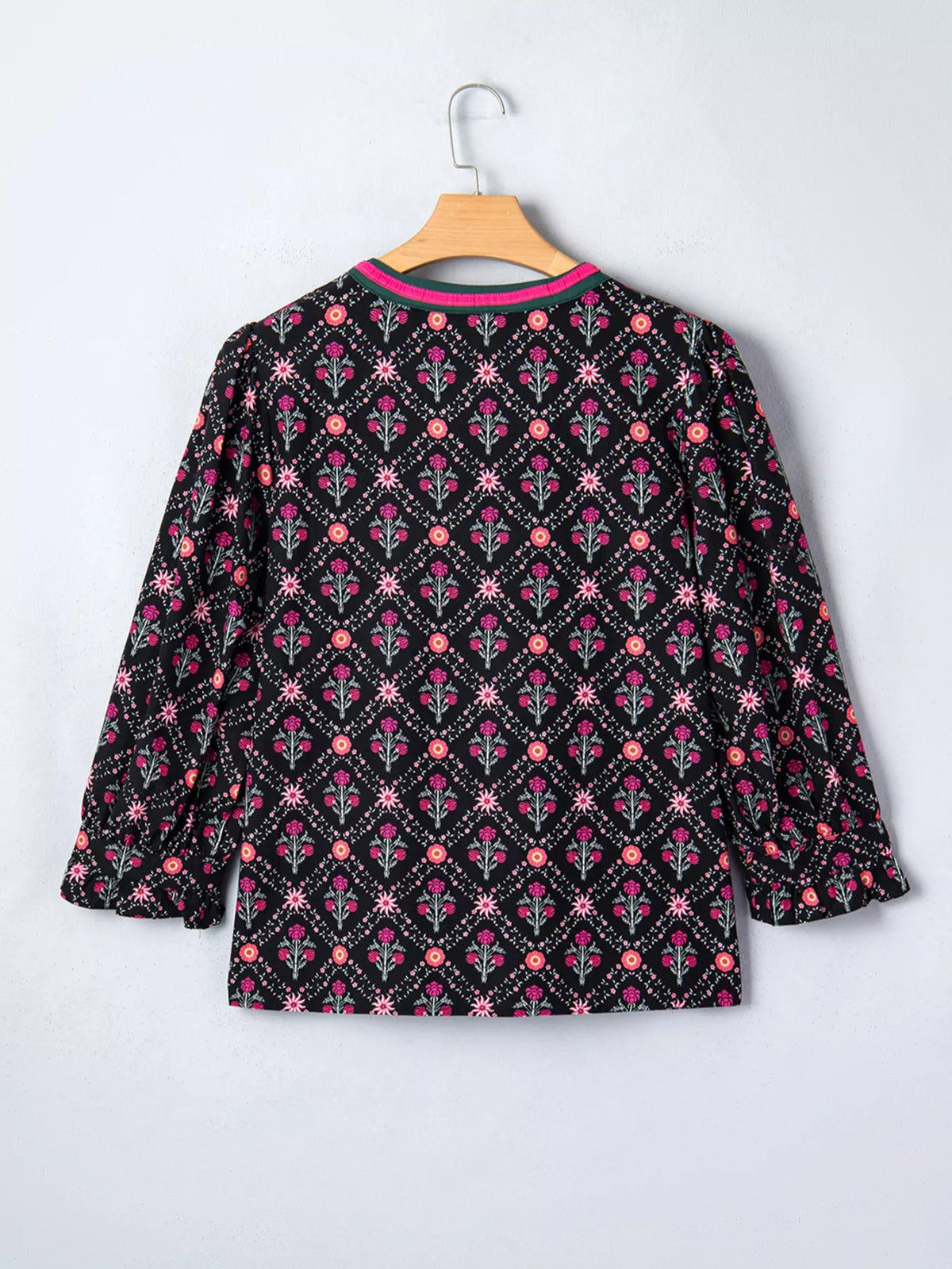 Contrast V Neckline Bracelet Sleeve Vintage Floral Blouse