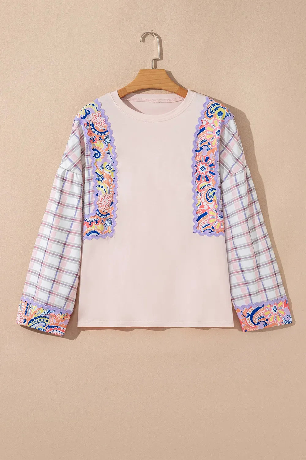 Paisley Print Plaid Long Sleeve Oversized Top