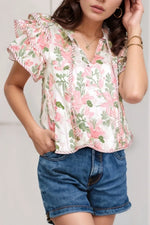 Floral Print Flutter Sleeve Tie Neck Blouse