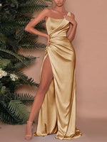 One-Shoulder Satin Maxi Dress with High Slit
