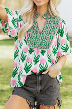 Multicolour Floral Print Puff Sleeve Contrast Bordered V Neck Blouse