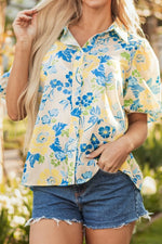Printed Puff Sleeve Button Down Summer Shirt