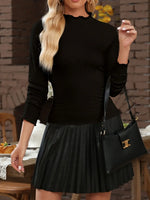 Ribbed Knit Lettuce Trim Mock Neck Long Sleeve Top