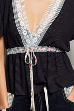 POL Tied Ruffled V-Neck Short Sleeve Blouse with Lace Detail