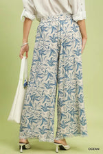Umgee Linen Printed Wide Leg Raw Hem Pants