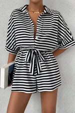 Striped Collared Neck Tie Waist Romper