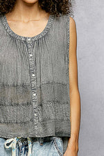 POL Button Down Round Neck Tank with Crochet Contrast