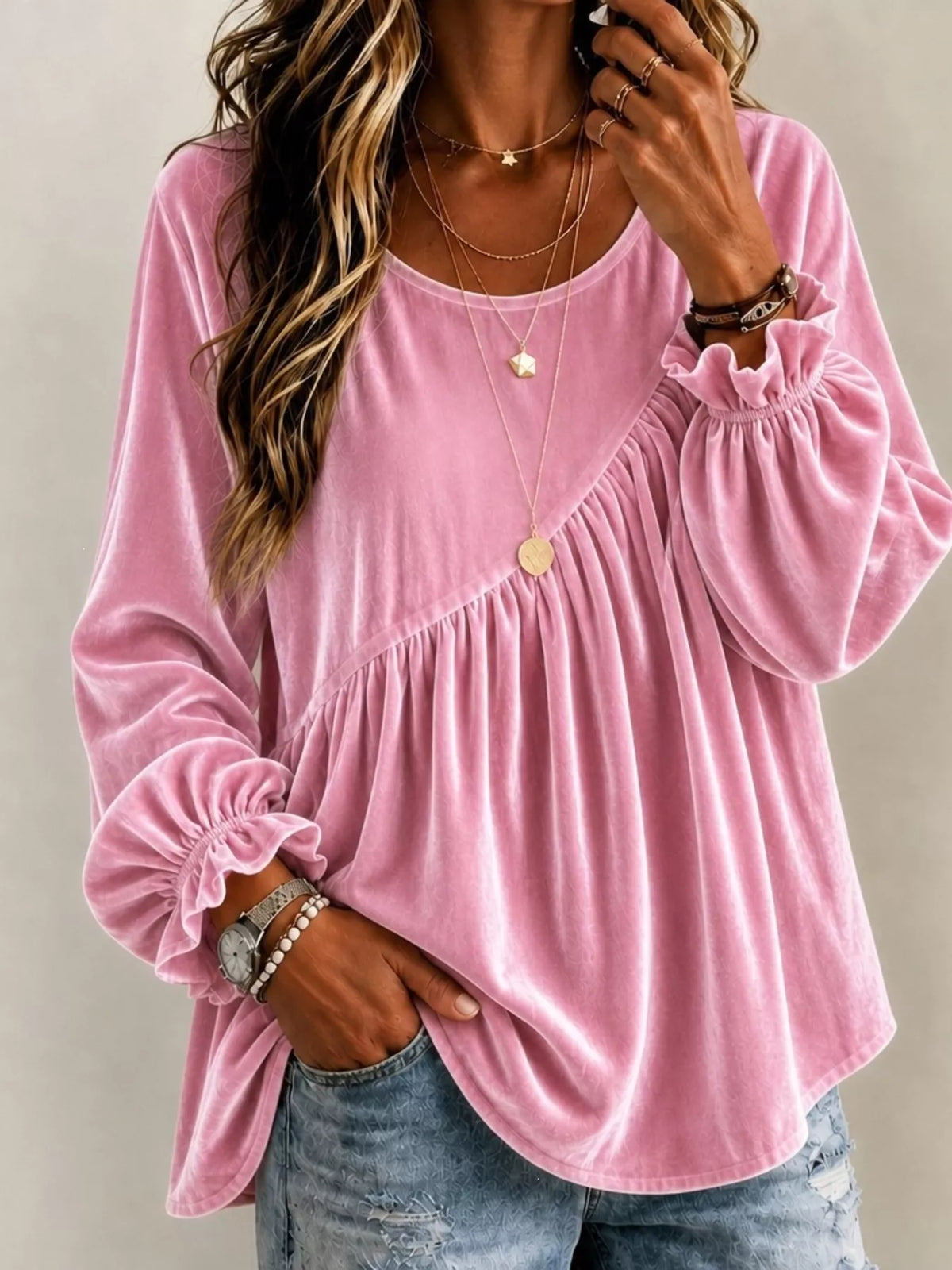 Full Size Velvet Round Neck Long Sleeve Blouse Plus Size