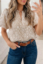 Floral Textured Jacquard Puff Sleeve Blouse