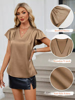 Satin V-Neck Flutter Sleeve Blouse