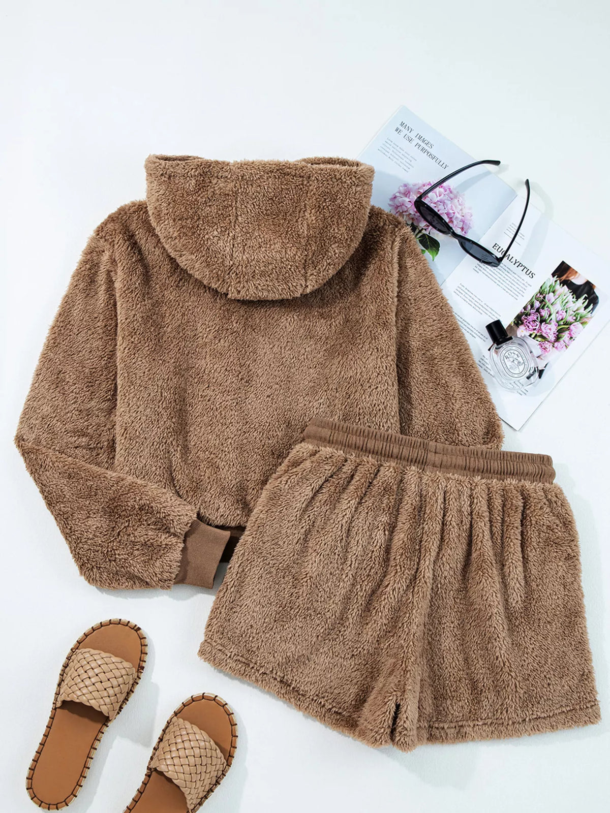 Zip Up Hoodie and Drawstring Shorts 2pcs Outfit