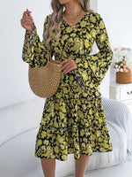 Floral Print Smocked Ruffle Hem Flared Sleeve Dress