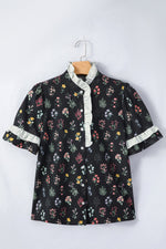 Contrast Frilled Trim Short Sleeve Floral Shirt