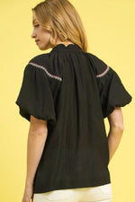 Umgee Floral Embroidered Puff Sleeve Blouse