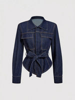 Tie Waist Long Sleeve Denim Jacket