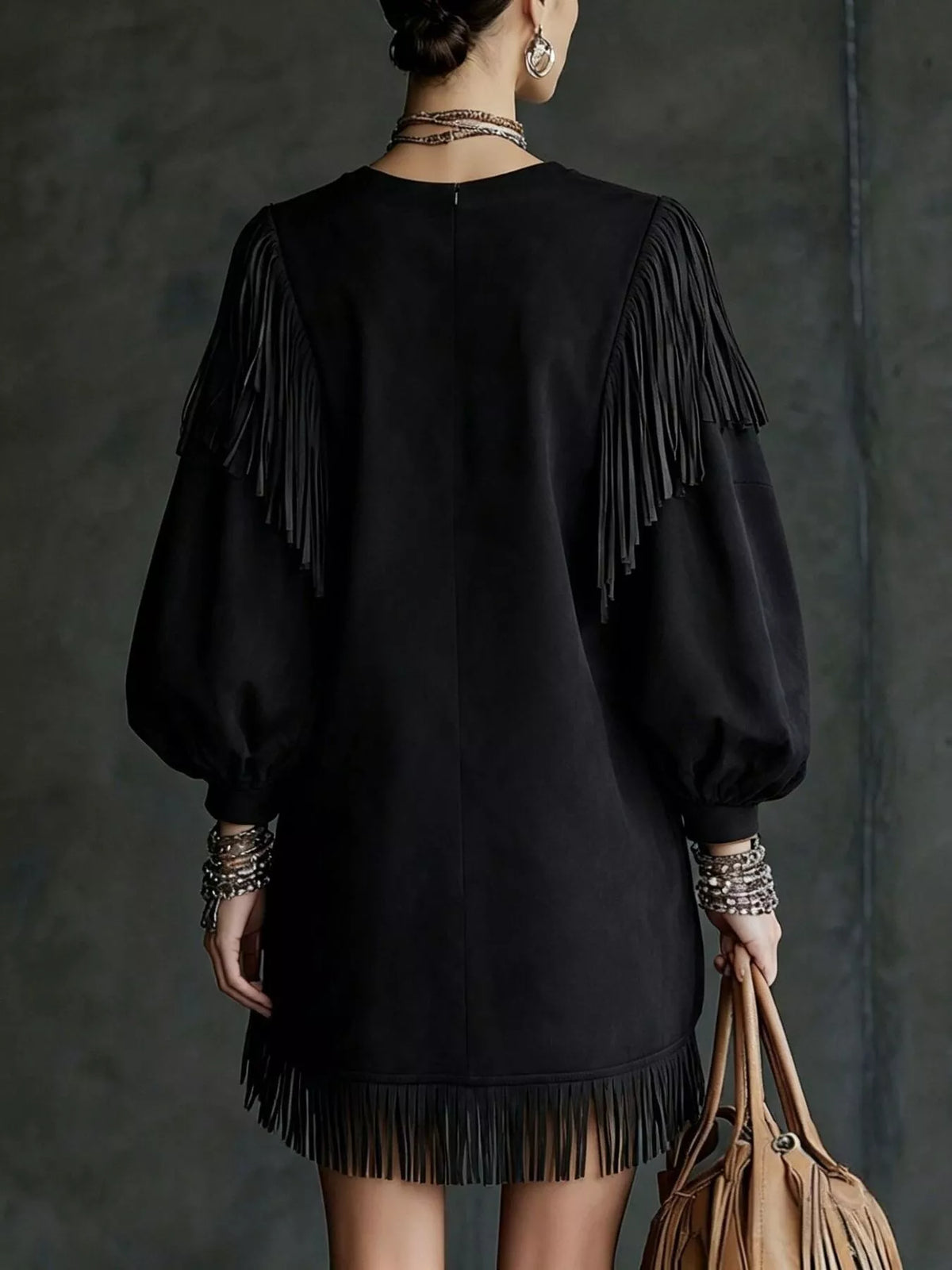 Fringe Detail Lantern Sleeve Mini Dress