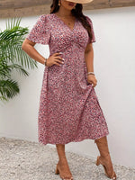 Plus Size Printed V-Neck Short Sleeve Midi Dress