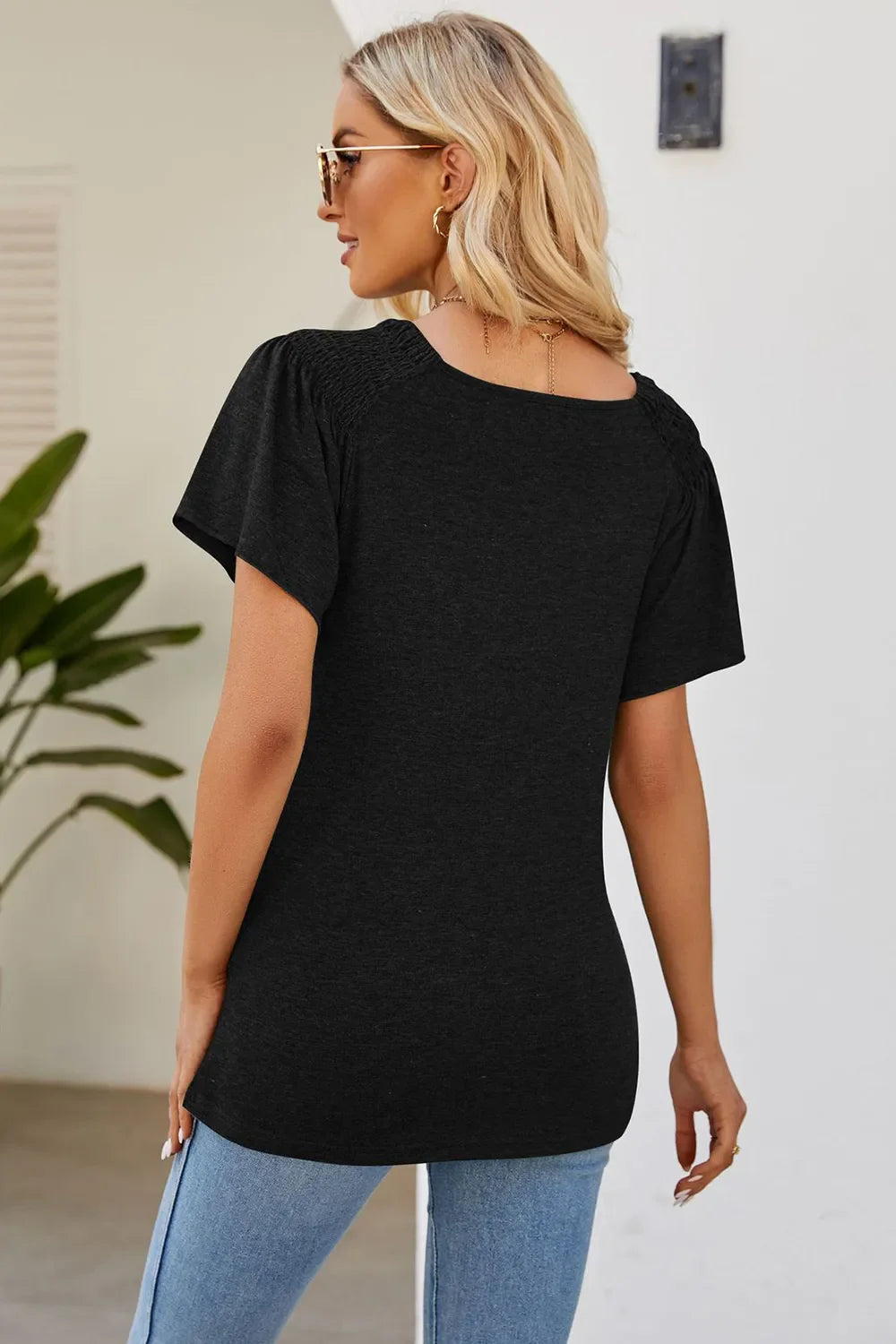 Smocked Round Neck Flutter Sleeve T-Shirt