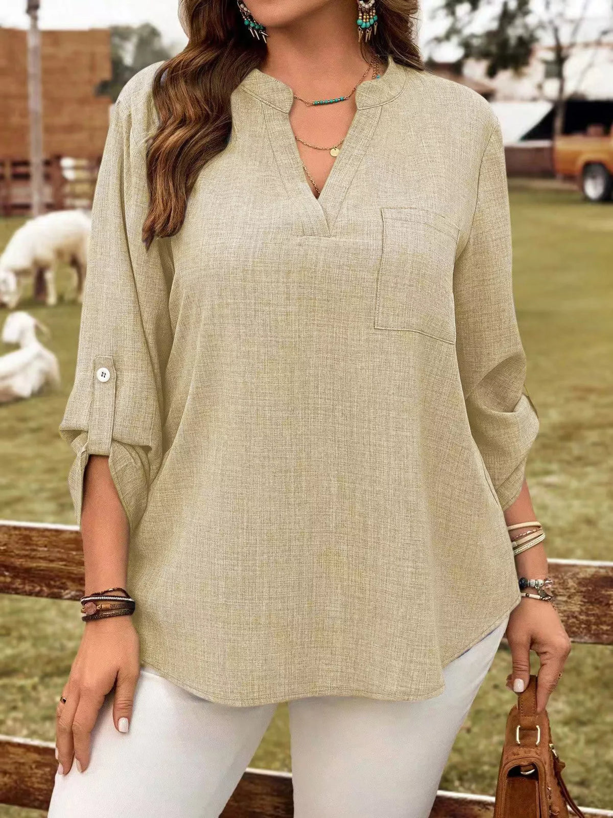 Plus Size Notched Roll-Tab Sleeve Casual Blouse