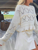 Crochet Ruffled Hem Long Sleeve Sweater