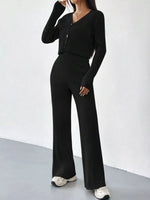 Ribbed Knit Button Up Top and Pants Set