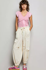 POL V-Neck Lightweight Textured Short Sleeve Knit Top with Lace Trim
