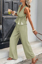 Striped Sleeveless Top and Wide Leg Pants Set