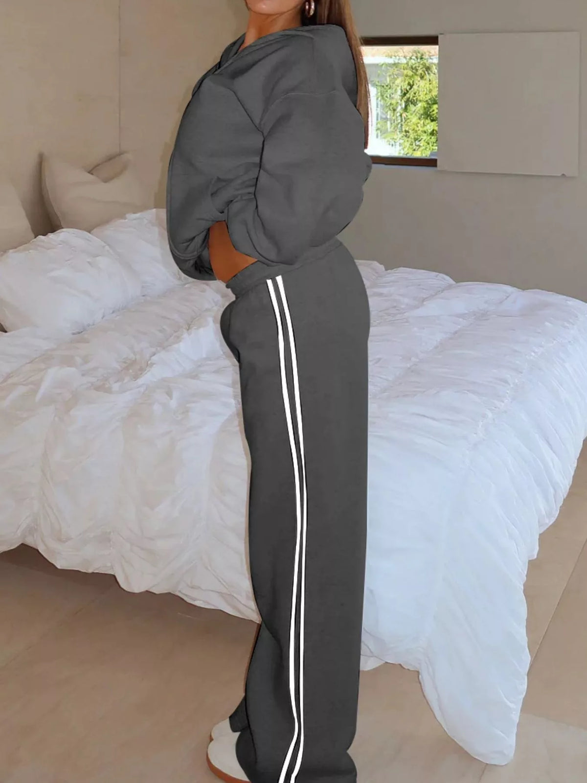 Zip Up Hoodie and Striped Pants Set