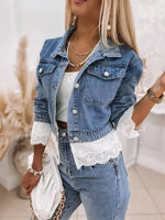 Cropped Denim Jacket with Lace Trim