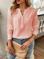 Devine Pocketed Notched Long Sleeve Blouse