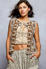 POL Tie Front Floral Pattern Crochet Vest with Scalloped Edge