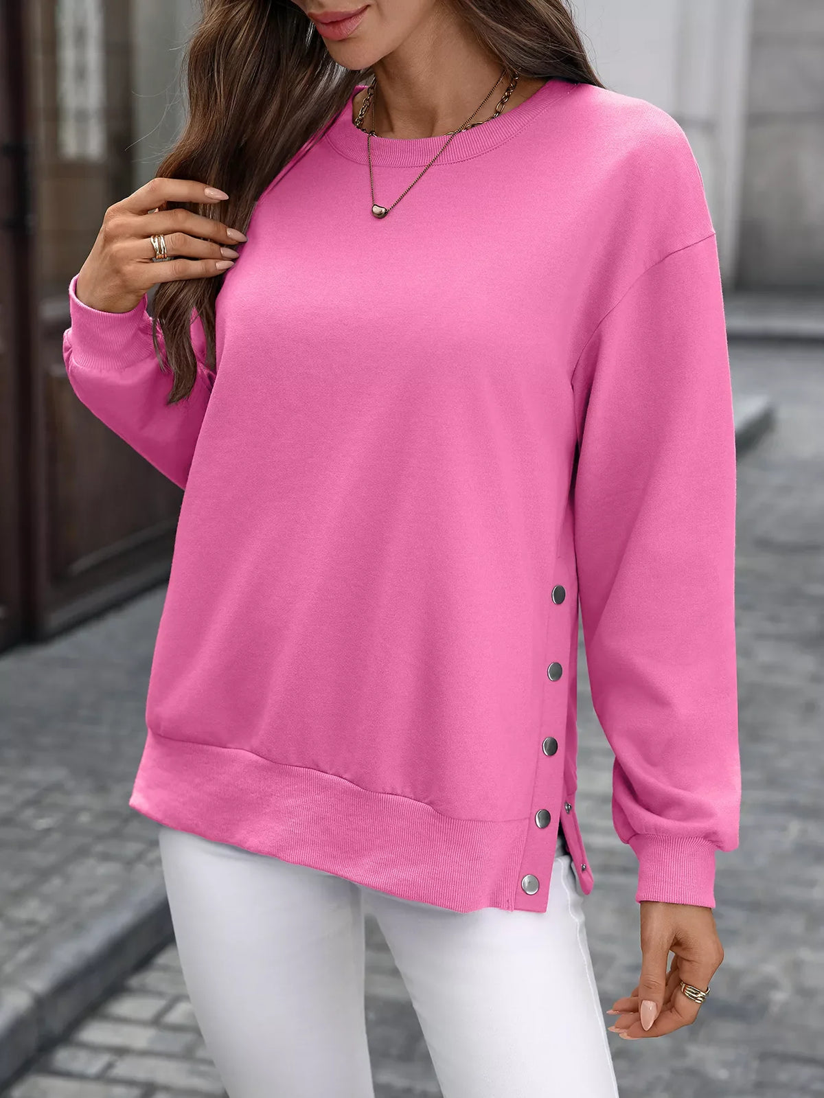 Side Snap Round Neck Sweatshirt