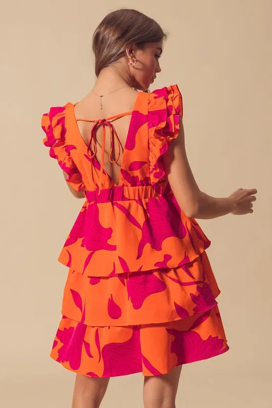SO ME Floral V Neck Layered Dress with Elasticized Waist