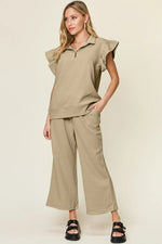Double Take Texture Ruffle Short Sleeve Top and Drawstring Wide Leg Pants Set