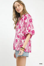 Umgee Floral Scalloped Edge Puff Sleeve Blouse with High-Low Curved Hem